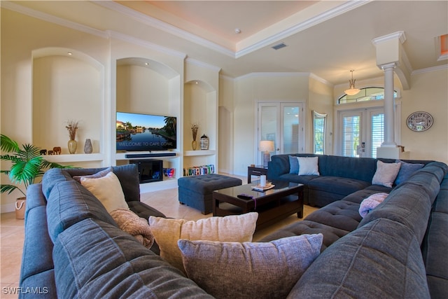 tiled living room with french doors, crown molding, ornate columns, visible vents, and baseboards