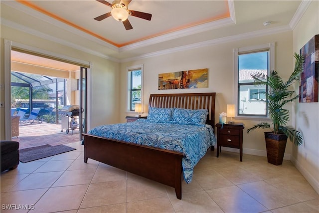 bedroom featuring light tile patterned floors, access to outside, a raised ceiling, and crown molding