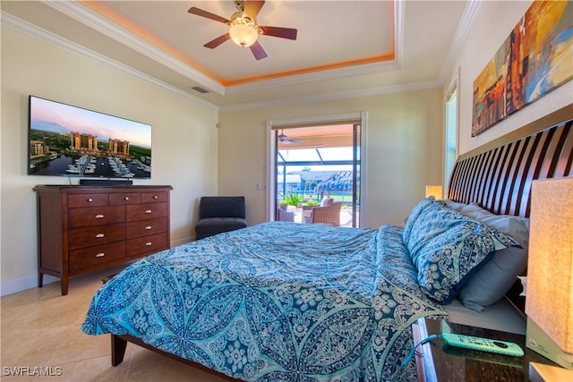 bedroom with light tile patterned floors, visible vents, baseboards, ornamental molding, and a raised ceiling