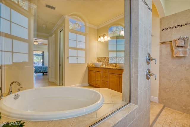 bathroom with connected bathroom, a garden tub, walk in shower, crown molding, and vanity