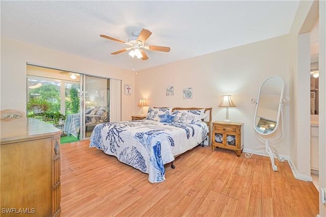 bedroom with light wood finished floors, access to outside, baseboards, and ceiling fan