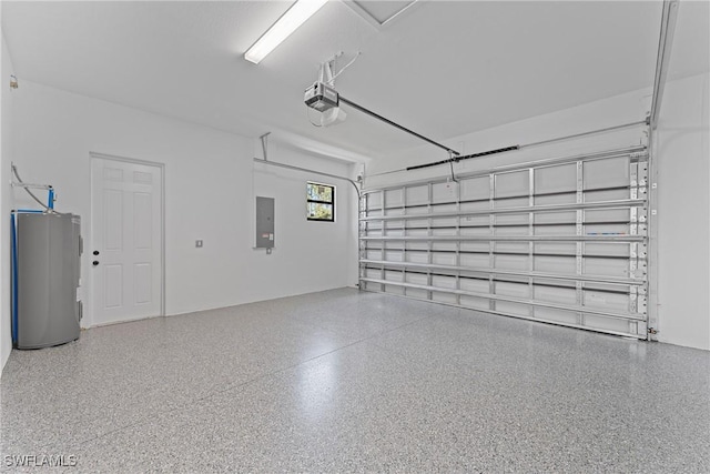 garage featuring a garage door opener, electric panel, and water heater