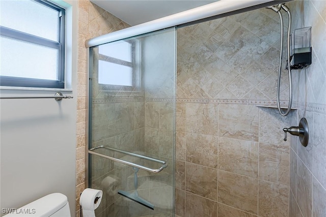 bathroom featuring a stall shower and toilet