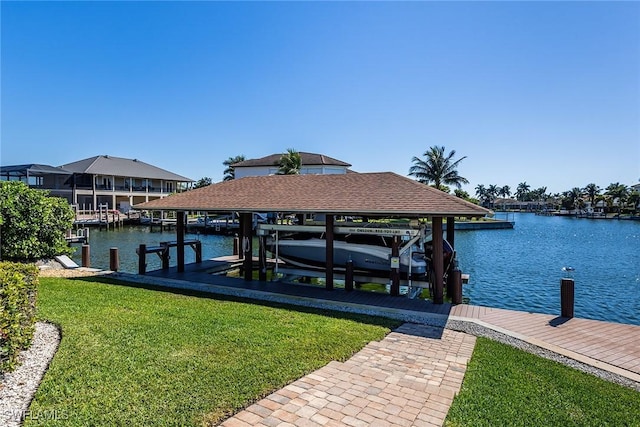 dock area featuring a water view, boat lift, and a yard