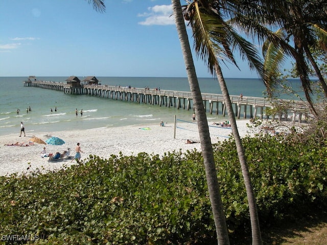 water view featuring a pier and a beach view