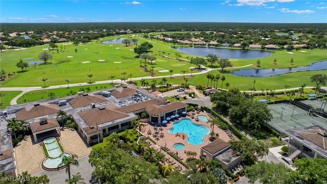 bird's eye view featuring golf course view and a water view