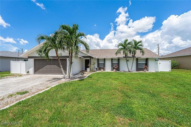 single story home featuring driveway, an attached garage, fence, and a front yard