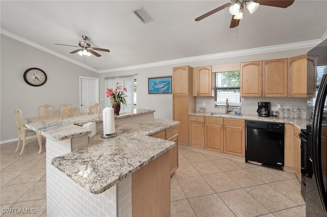 kitchen with visible vents, a kitchen island, ornamental molding, black appliances, and a sink