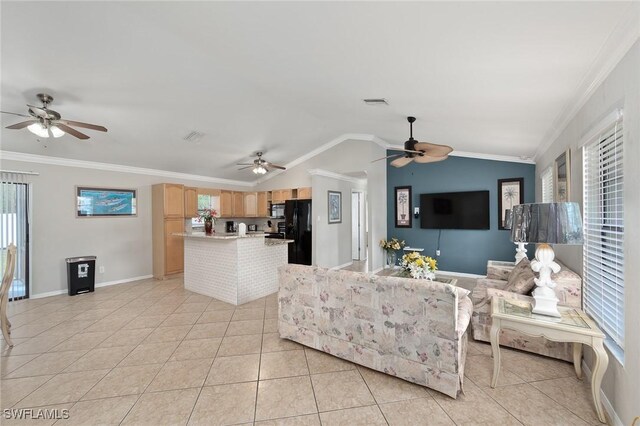 living room with a healthy amount of sunlight, ornamental molding, and vaulted ceiling