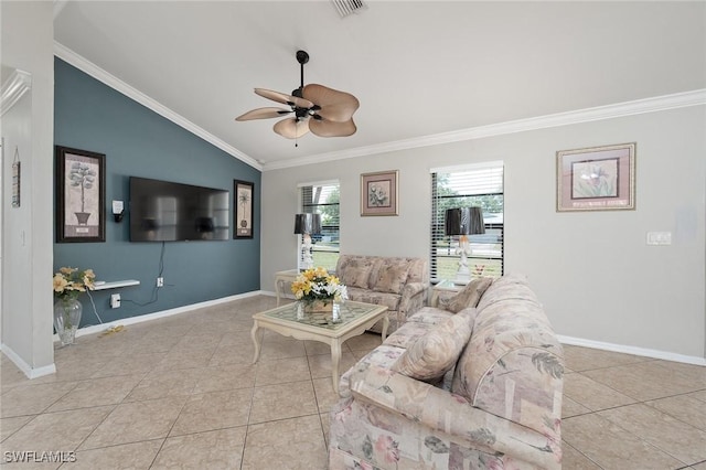 tiled living area featuring lofted ceiling, baseboards, and crown molding