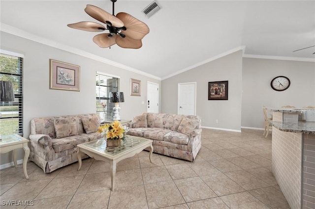 living area featuring a healthy amount of sunlight, visible vents, a ceiling fan, and ornamental molding