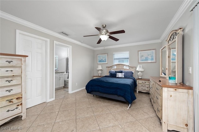 bedroom with visible vents, crown molding, baseboards, and light tile patterned floors