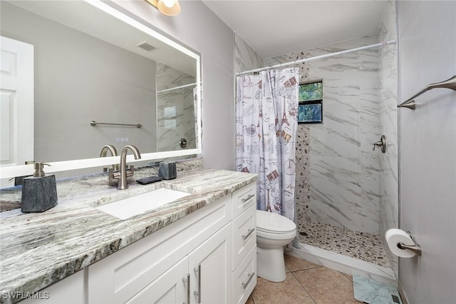 full bathroom featuring toilet, a shower stall, visible vents, and vanity