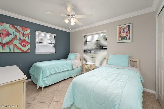 bedroom with light tile patterned floors and crown molding