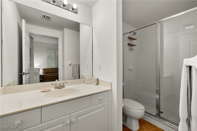 ensuite bathroom featuring visible vents, toilet, ensuite bath, vanity, and a shower stall