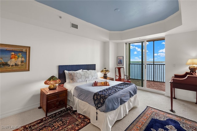 bedroom featuring access to exterior, carpet, visible vents, and baseboards