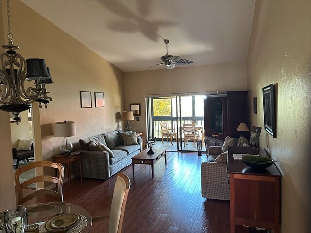 11570 Caravel Cir Unit 2022, Fort Myers, FL 33908 - living room with dark wood finished floors and ceiling fan