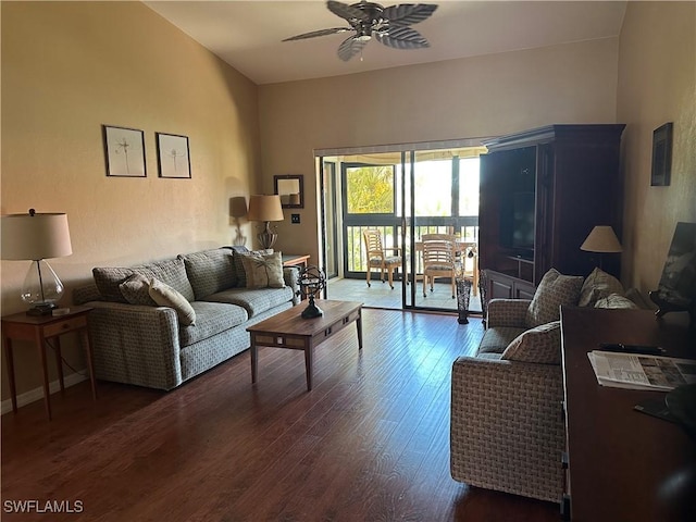 11570 Caravel Cir Unit 2022, Fort Myers, FL 33908 - living room featuring ceiling fan, wood finished floors, and baseboards