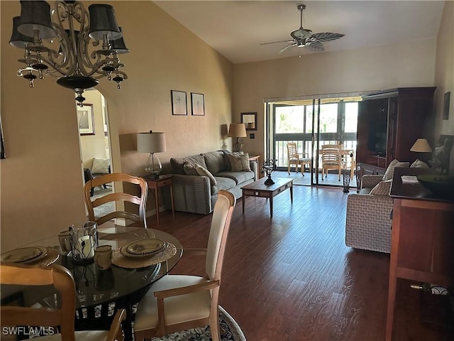 11570 Caravel Cir Unit 2022, Fort Myers, FL 33908 - dining room featuring a ceiling fan, wood finished floors, and lofted ceiling