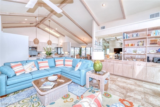 living room featuring high vaulted ceiling, beamed ceiling, visible vents, and a ceiling fan