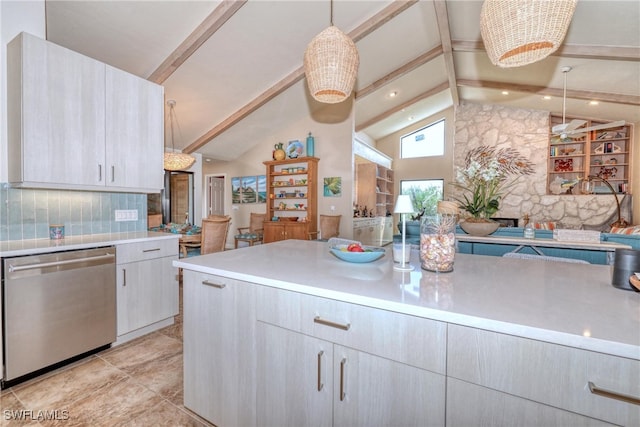 kitchen featuring decorative light fixtures, vaulted ceiling with beams, light countertops, backsplash, and dishwasher