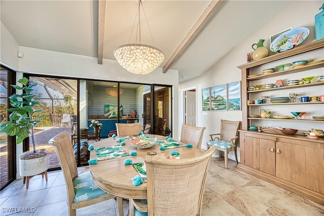 dining room with a chandelier and beamed ceiling