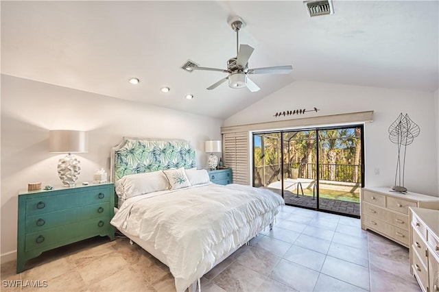 bedroom with access to exterior, ceiling fan, visible vents, and vaulted ceiling