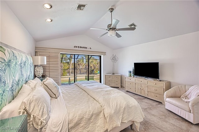 bedroom featuring vaulted ceiling, access to outside, visible vents, and a ceiling fan