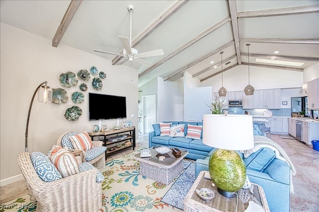 living room with high vaulted ceiling, beamed ceiling, and ceiling fan