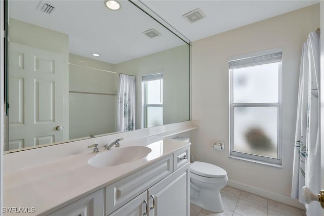 full bathroom with visible vents, toilet, vanity, and tile patterned flooring