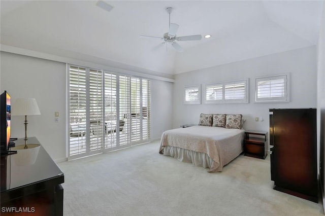 bedroom featuring a ceiling fan, carpet floors, lofted ceiling, recessed lighting, and access to exterior