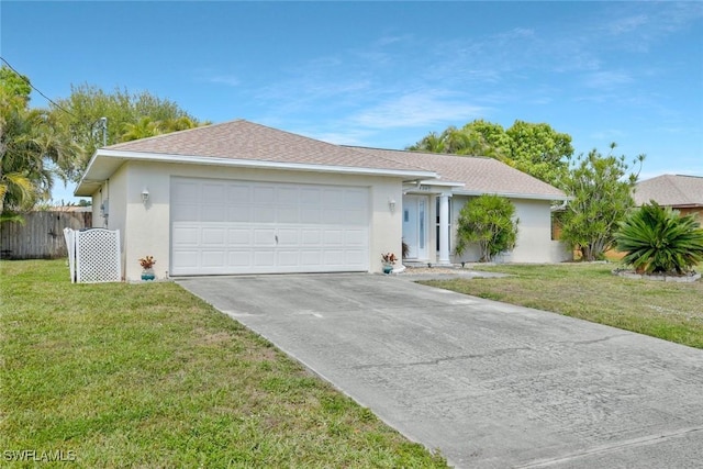 single story home featuring a garage, a front yard, fence, and stucco siding