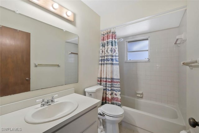 bathroom with shower / bath combo, vanity, and toilet