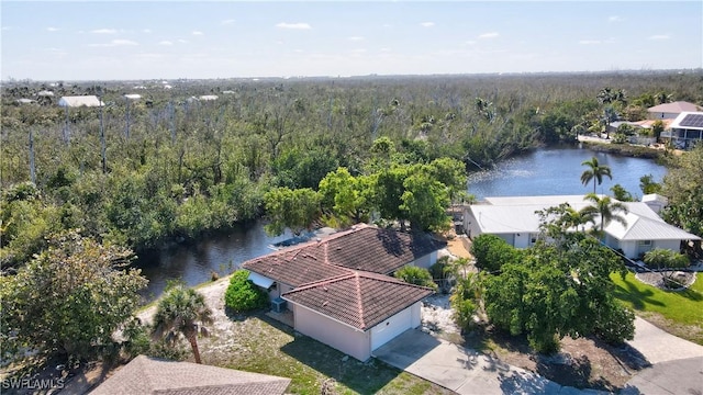 birds eye view of property with a water view and a forest view