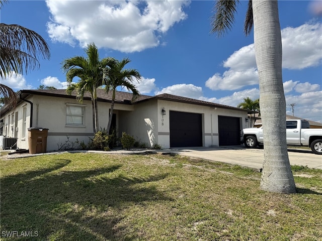 view of front facade with a garage, driveway, central AC unit, and stucco siding