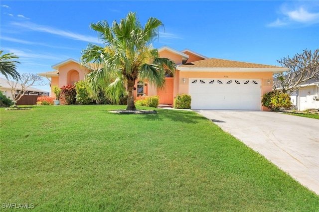 view of front of property featuring a front yard, an attached garage, driveway, and stucco siding