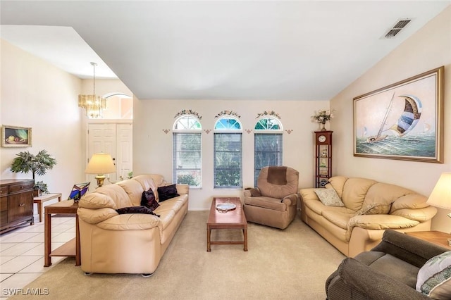 living area featuring light tile patterned floors, visible vents, an inviting chandelier, lofted ceiling, and light carpet