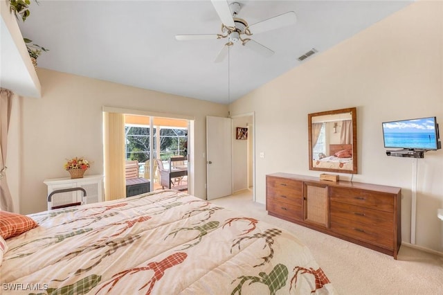 bedroom featuring visible vents, light carpet, a ceiling fan, access to outside, and lofted ceiling