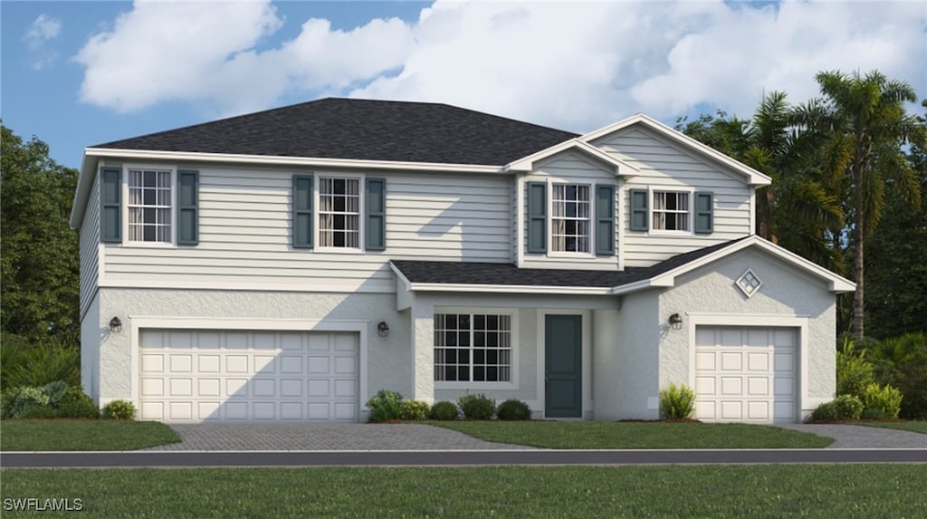 traditional-style home with a garage, roof with shingles, and stucco siding