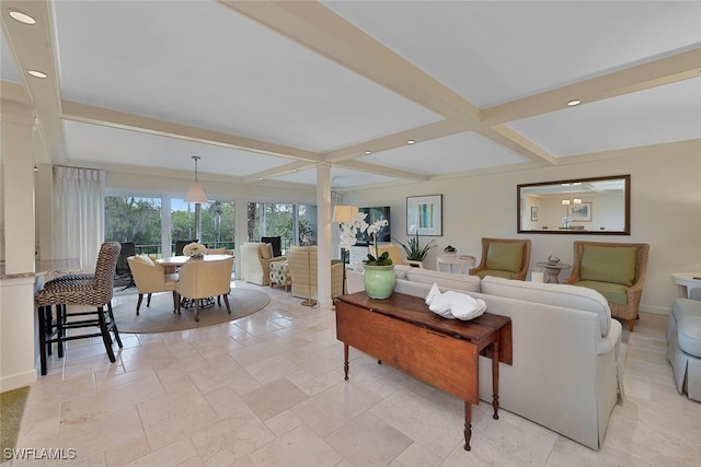 living area with recessed lighting, coffered ceiling, baseboards, beamed ceiling, and ornate columns