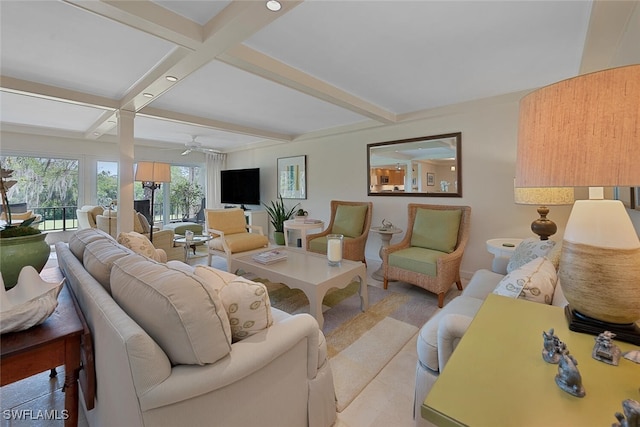 living room featuring light tile patterned floors, ceiling fan, coffered ceiling, and beamed ceiling