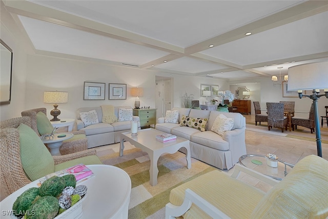 living room featuring visible vents, coffered ceiling, beamed ceiling, a notable chandelier, and recessed lighting