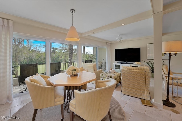 dining space featuring ceiling fan, beam ceiling, stone tile flooring, and recessed lighting