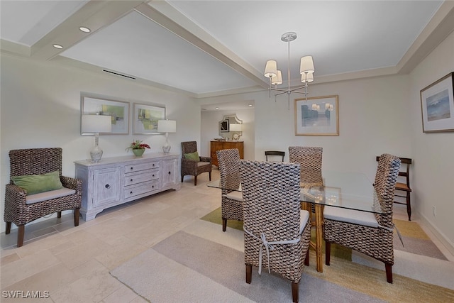 dining space with baseboards, a notable chandelier, and recessed lighting