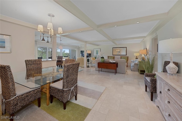 dining space with beam ceiling, stone tile floors, recessed lighting, a chandelier, and coffered ceiling