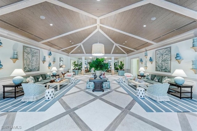 living room with wooden ceiling, vaulted ceiling, a wainscoted wall, and recessed lighting