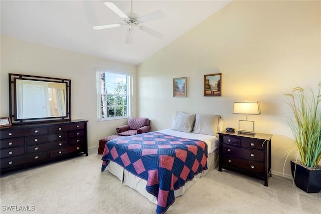 carpeted bedroom featuring ceiling fan, baseboards, and vaulted ceiling