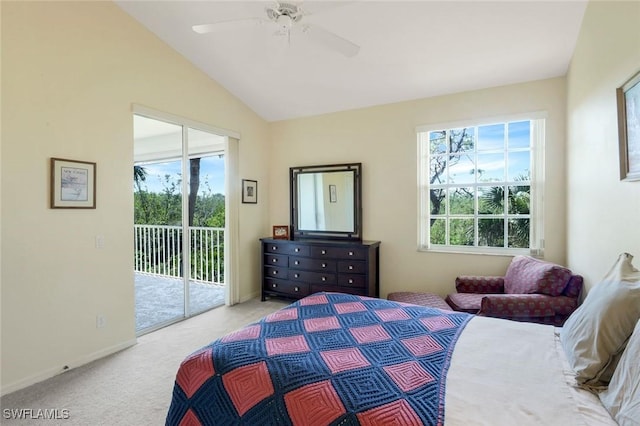 carpeted bedroom with lofted ceiling, access to outside, multiple windows, and baseboards