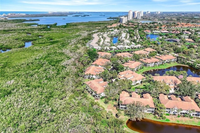 drone / aerial view with a residential view and a water view