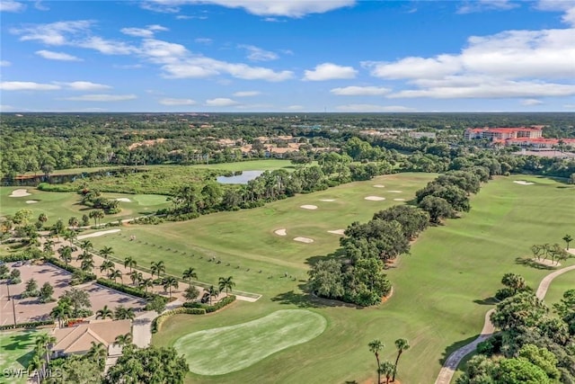 drone / aerial view featuring a water view and golf course view